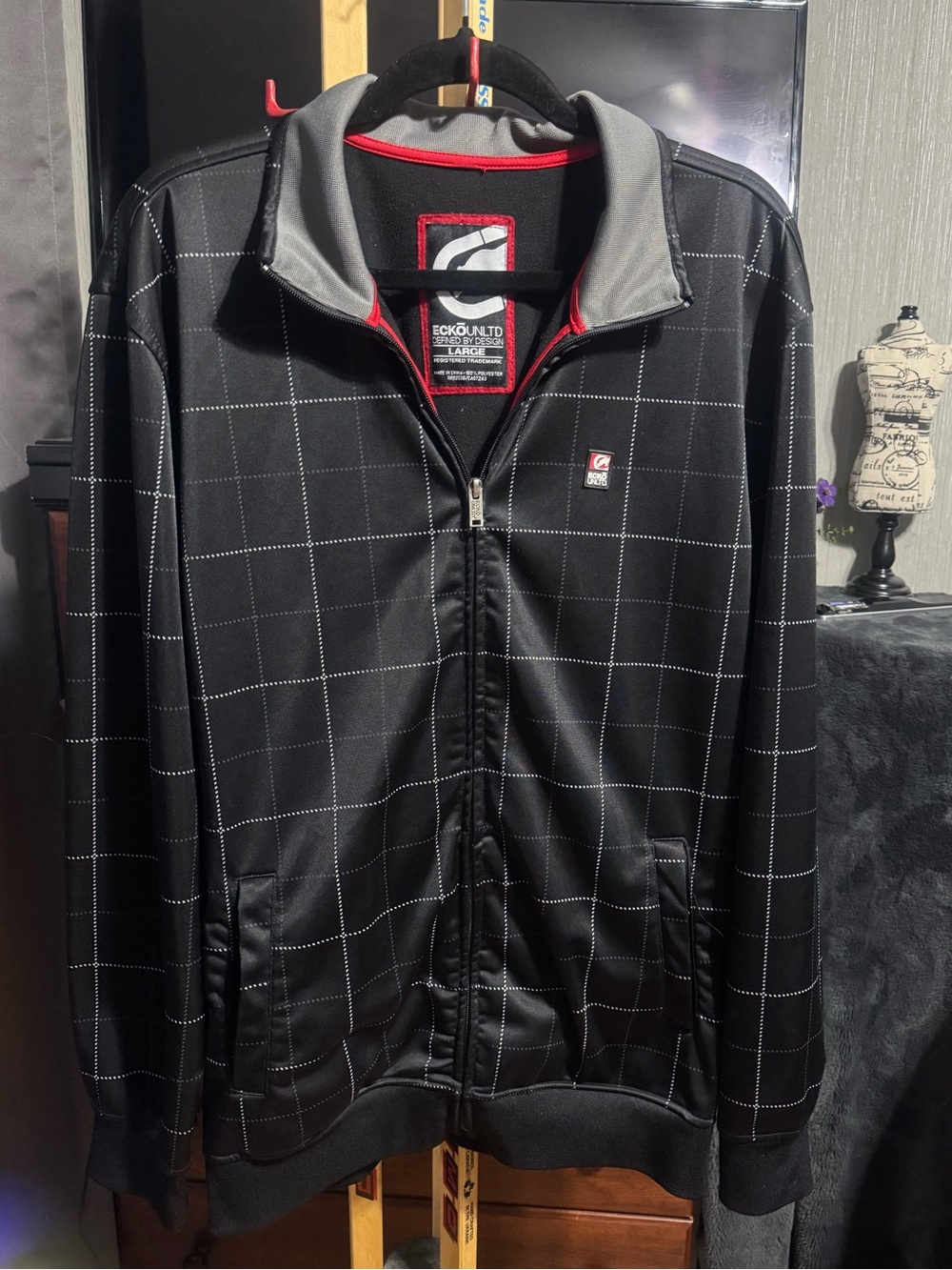 Vintage Y2K Ecko Unltd. Grid Pattern Track Jacket - Black (Size Large)